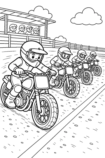 Quattro giovani motociclisti con casco in fila su una pista, con spettatori in tribuna sullo sfondo.