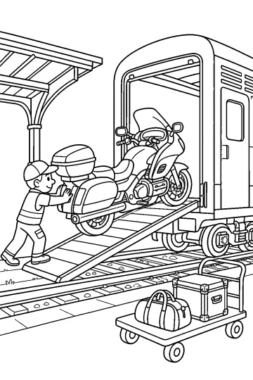Niño empujando una moto por una rampa hacia un vagón de tren, con un carrito de equipaje junto a las vías.