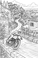 Moto da corsa in curva nel villaggio disegno da colorare PDF gratis