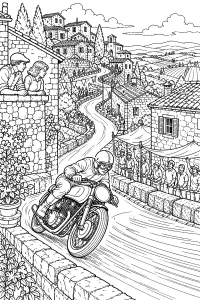Moto da corsa in curva nel villaggio disegno da colorare PDF gratis