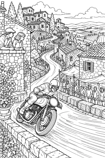 Motociclista in piega su una moto da corsa lungo una curva in un villaggio in pietra, con spettatori.