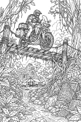 Moto da avventura sul ponte nella giungla disegno da colorare PDF gratis