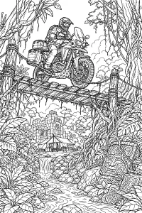 Moto da avventura sul ponte nella giungla disegno da colorare PDF gratis