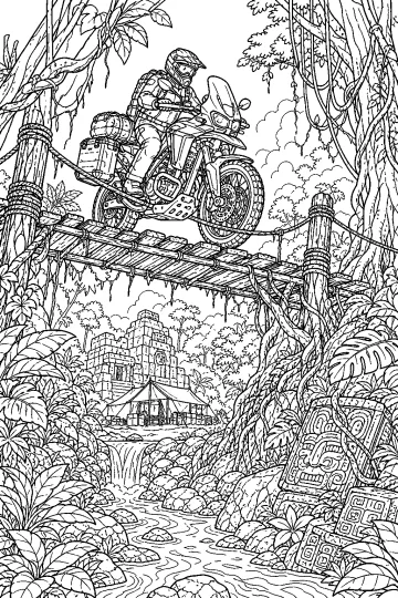 Adventure motorcycle with a rider on a suspended wooden bridge in the jungle, with ruins and a stream