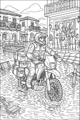 Motociclista tra le strade allagate disegno da colorare PDF gratis
