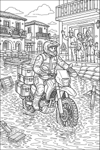 Motociclista tra le strade allagate disegno da colorare PDF gratis