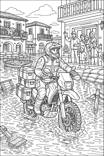 Motorradfahrer mit Seitenkisten fährt durch eine überflutete Straße vor Häusern und Menschen auf Stufen.