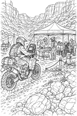 Moto da rally al posto di controllo nel canyon disegno da colorare PDF gratis