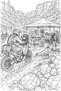 Moto da rally al posto di controllo nel canyon disegno da colorare PDF gratis