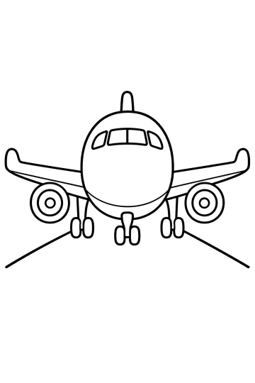 Coloring page of a jet seen from the front on a runway with engines and landing gear visible