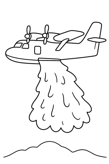 Disegno da colorare di un aereo antincendio con due eliche che rilascia acqua sopra le colline