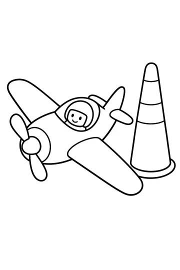Disegno da colorare di un aereo sorridente con elica, grandi ali e un pilone accanto