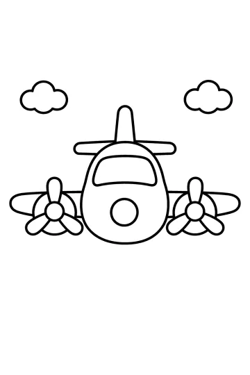 Disegno da colorare di un aereo a elica visto di fronte con nuvole ai lati