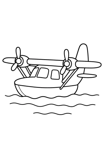 Dibujo para colorear de un hidroavión bimotor con hélices y flotadores sobre el agua