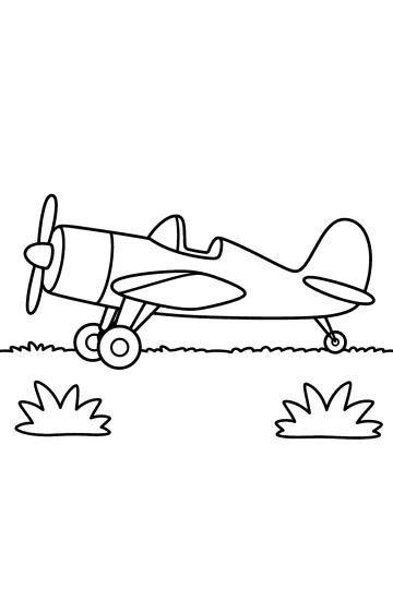 Disegno da colorare di un aereo classico di lato con elica, ruote e ruotino di coda sull'erba