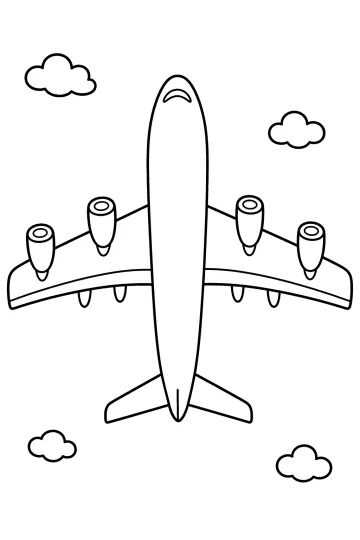 Dibujo para colorear de un avión de cuatro motores visto desde abajo con cuatro nubes