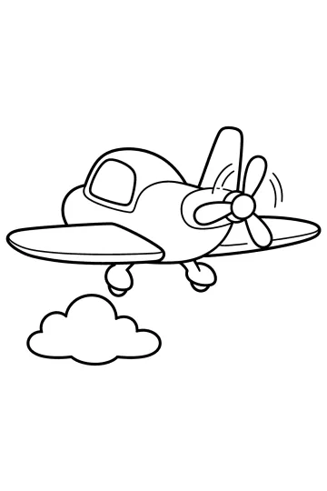 Disegno da colorare di un aereo leggero con elica posteriore e una nuvola sotto l'ala