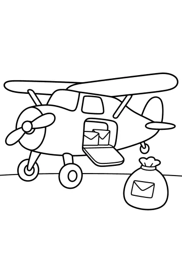 Ausmalbild eines kleinen Postflugzeugs mit Propeller, offener Tür, Briefen und einem Postsack.