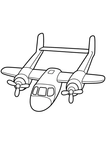 Disegno da colorare di un aereo bimotore frontale con due eliche e grandi ali
