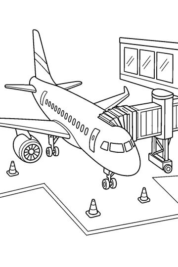 Avion de ligne à une passerelle d'aéroport avec des cônes de sécurité