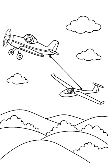 Aereo a elica che traina un aliante con un lungo cavo sopra colline e nuvole