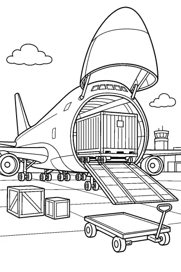 Grande aereo cargo con muso aperto e rampa frontale, con contenitore, casse e carrello sul piazzale.
