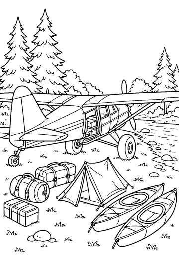 Disegno da colorare di un aereo da boscaglia vicino a un fiume con tende, canoe e bagagli