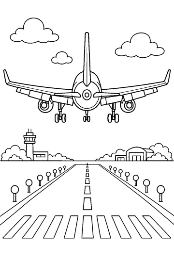 Dibujo para colorear de un avión visto de frente sobre una pista de aeropuerto