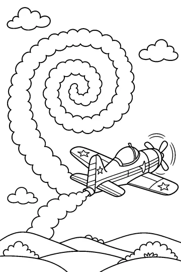 Avion avec des étoiles sur les ailes, volant dans le ciel et laissant une grande traînée de fumée en spirale, parmi les nuages.