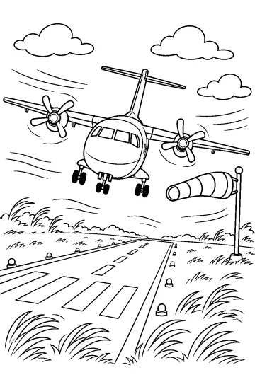 Aereo con eliche sopra una pista con manica a vento, nuvole e erba