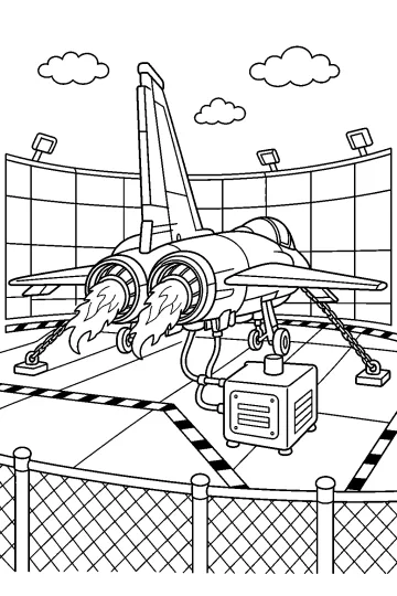 Desenho de um avião a jato visto por trás, preso com cabos numa área de teste de motores