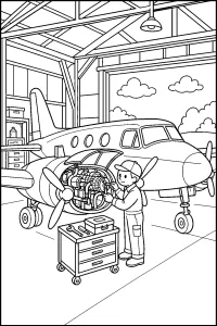 Aereo in manutenzione nell'hangar disegno da colorare PDF gratis
