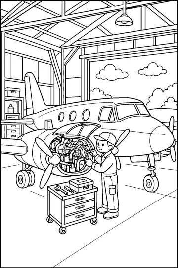 Avión en un hangar con motor abierto, mecánico y carro de herramientas