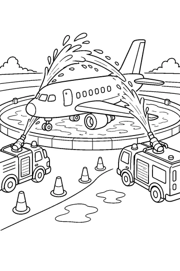 Disegno da colorare di un aereo su una piattaforma con due camion dei pompieri che spruzzano acqua e coni.