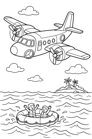 Tweemotorig vliegtuig boven een vlot met twee kinderen op zee, met wolken en een eiland op de achtergrond