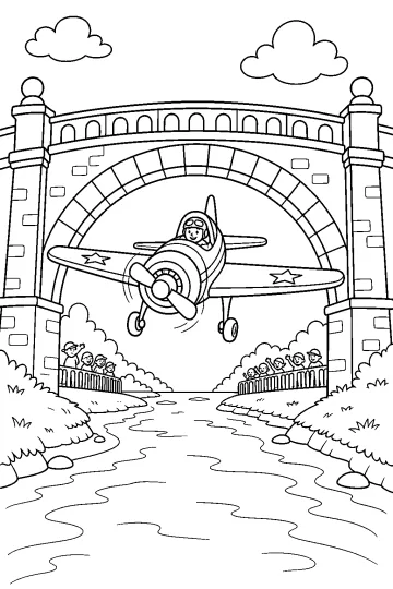 Aereo con pilota che vola sotto un grande ponte sopra un fiume, con bambini sulle rive