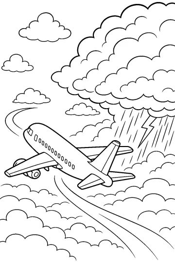 Passenger airplane among clouds near a large storm cloud with rain and lightning.