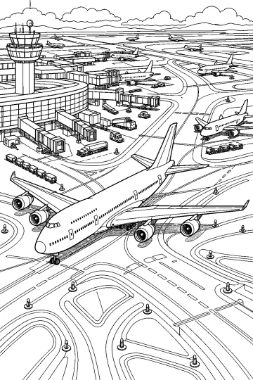 Grande aereo passeggeri su un incrocio di piste in un aeroporto con terminal, torre di controllo e altri aerei
