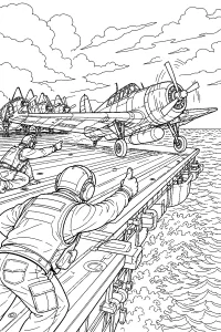 Aereo a elica sul ponte di una portaerei disegno da colorare PDF gratis