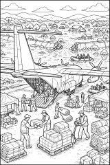 Aereo cargo con aiuti dopo l'alluvione disegno da colorare PDF gratis