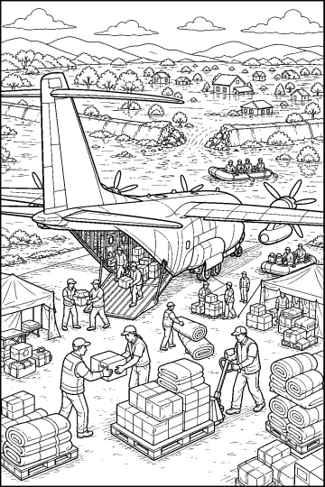 Cargo plane with an open ramp, helpers, and supply boxes in a flooded area
