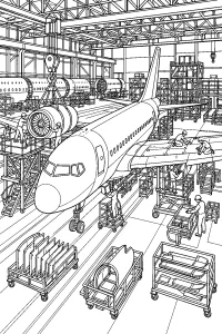 Aereo passeggeri in assemblaggio finale disegno da colorare PDF gratis