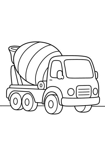 Disegno da colorare di un camion betoniera con grande tamburo a fasce e ruote