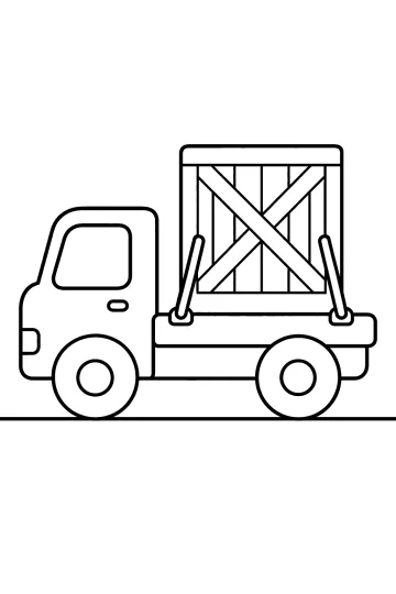 Camion visto di lato con una grande cassa di legno sul pianale e due cinghie di fissaggio