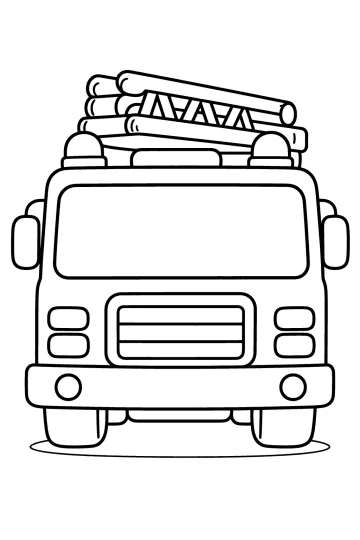 Ausmalbild eines Feuerwehrautos von vorn mit zusammengeklappter Leiter auf dem Dach