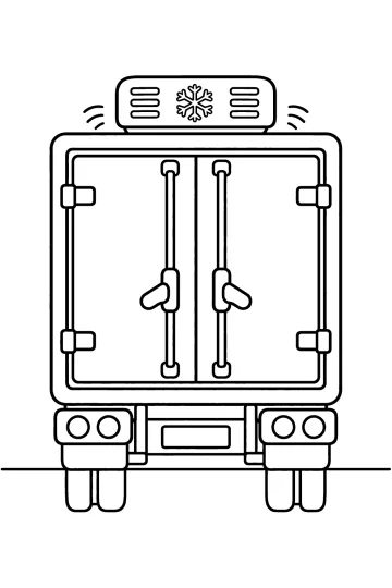 Disegno da colorare di un camion frigorifero visto da dietro con doppie porte e fiocco di neve