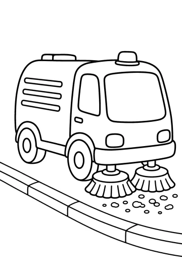 Disegno da colorare di un camion spazzatrice con due spazzole rotonde vicino a un marciapiede