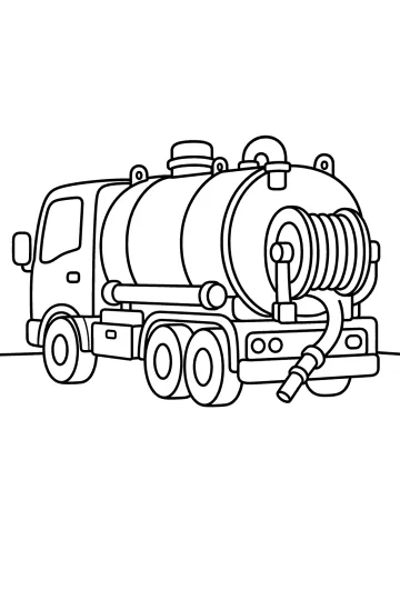 Disegno da colorare di un camion aspiratore con serbatoio cilindrico e tubo avvolto sul retro