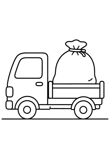 Disegno da colorare di un camion visto di lato con un grande sacco nel cassone