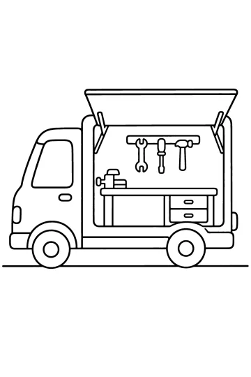 Camion officina visto di lato con sportello laterale aperto, banco da lavoro e attrezzi